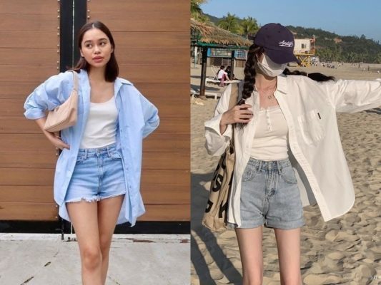 Áo sơ mi lụa ngắn tay + quần short jeans